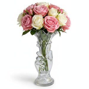 Antique French 19th Century Clear Glass Hand Vase Holding Flower Horn Of Plenty